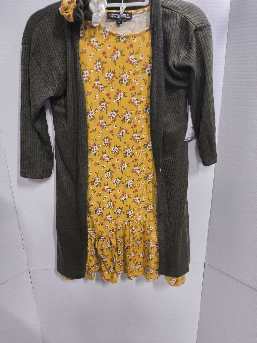 NEW Mustard Floral Girl's Dress with Olive Open Cardigan - XL